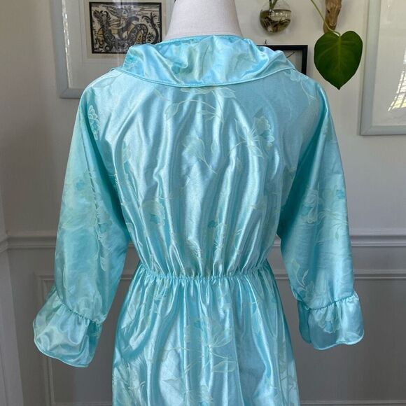 Vintage 80s Preview USA Aqua Satin Ruffle Robe M L - Picture 6 of 8